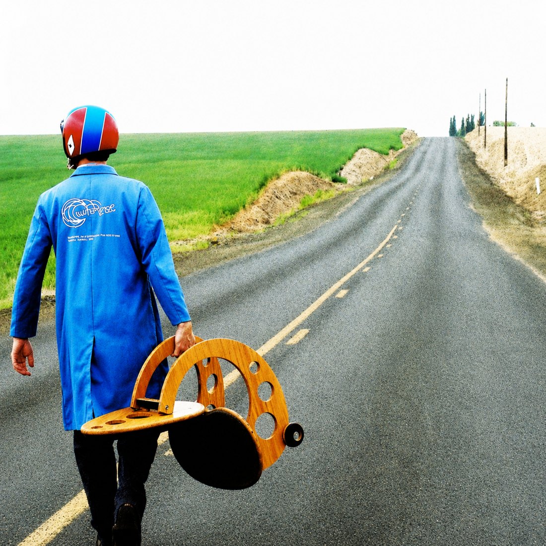Zac Merten walking a country road in his WaterDrop Workshop coat, carrying a carved piece